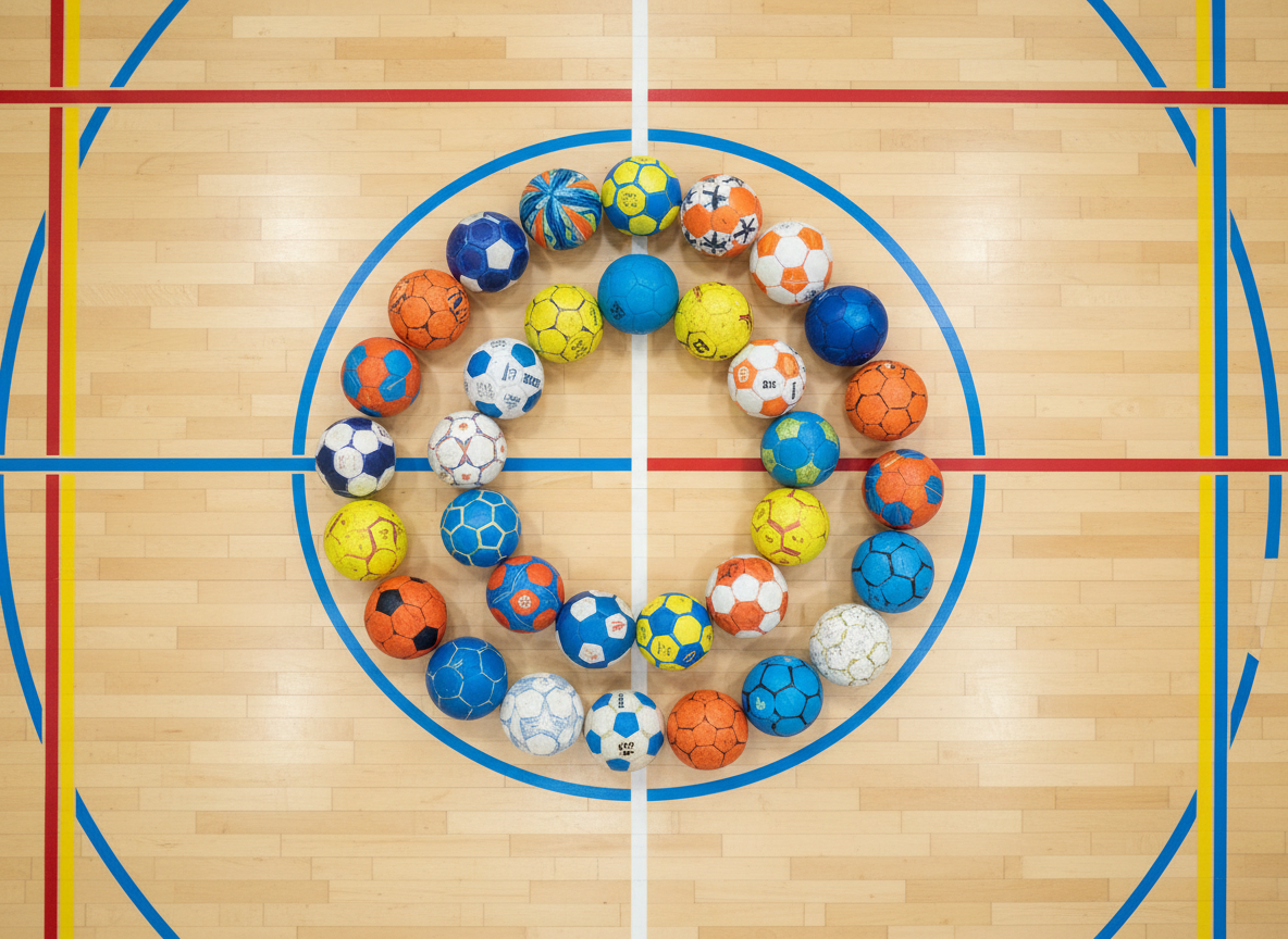A playful, photographic top-down composition of colorful handballs arranged in a loose spiral at center court, each ball in different patterns of blue, orange, yellow, and white, some slightly scuffed, others pristine. The polished floor displays bright court markings forming geometric shapes around the spiral, with the central circle line running cleanly through the scene. Overhead lighting provides even illumination, creating soft reflections and faint shadows around each ball, while keeping details crisp across the entire image. The mood is joyful and energetic, evoking a family-friendly club where leisure, youth training, and competition coexist in a vibrant, organized environment.