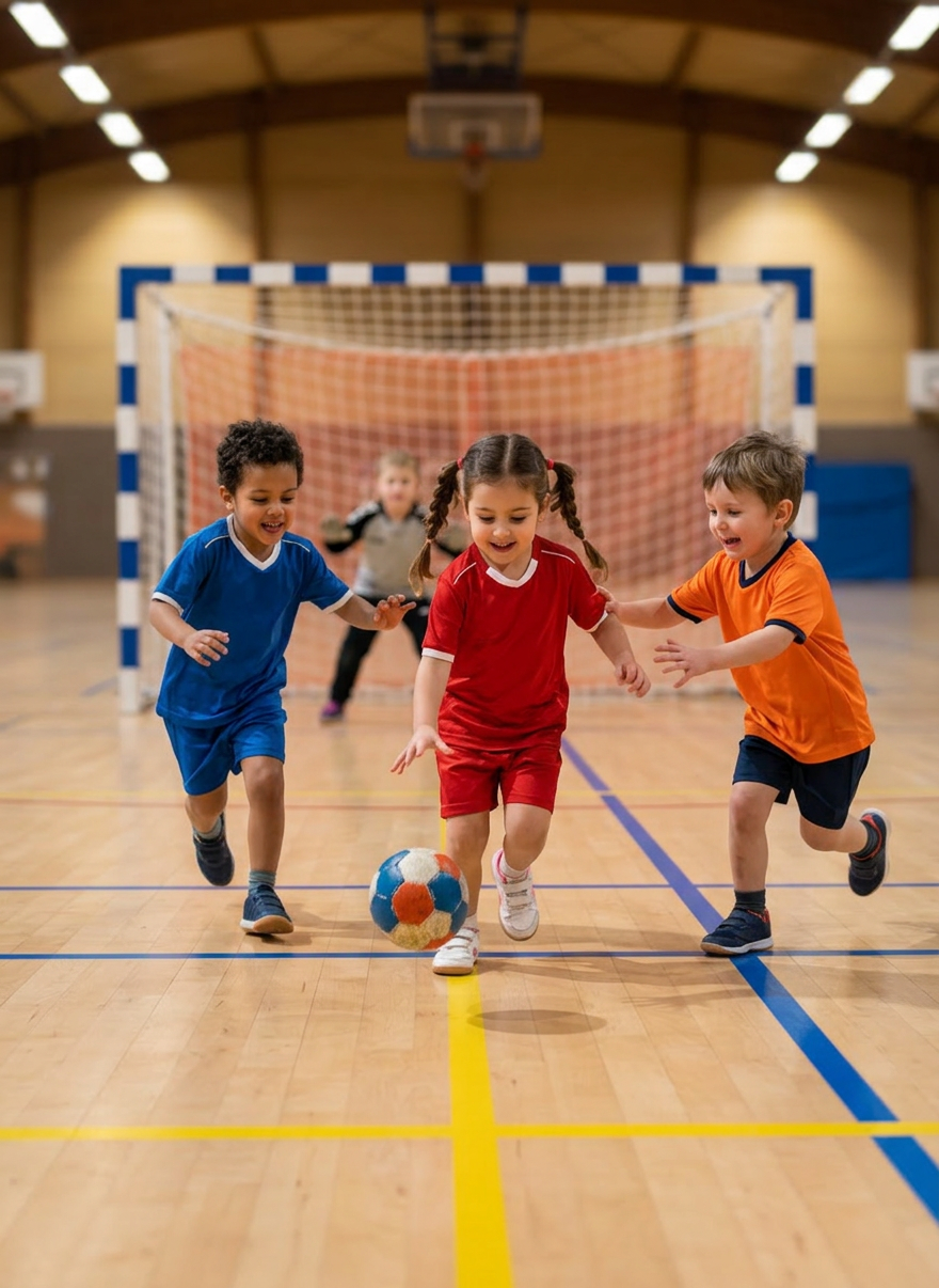 Young children playing indoor soccer Three children running after a colorful soccer ball on an indoor court with a goal behind them