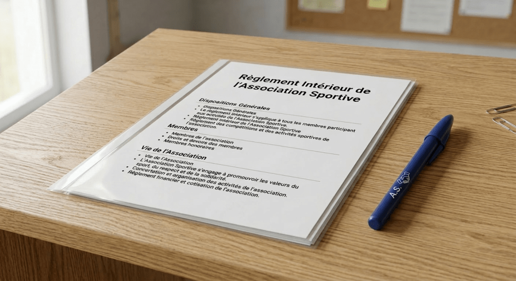 Printed document titled Règlement Intérieur de l'Association Sportive Saison 2024-2025 on wooden table beside blue pen