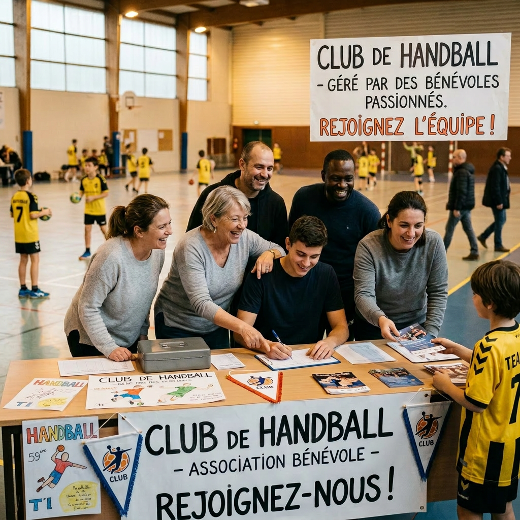 Volunteers at a handball club registration table inviting a young player to join
