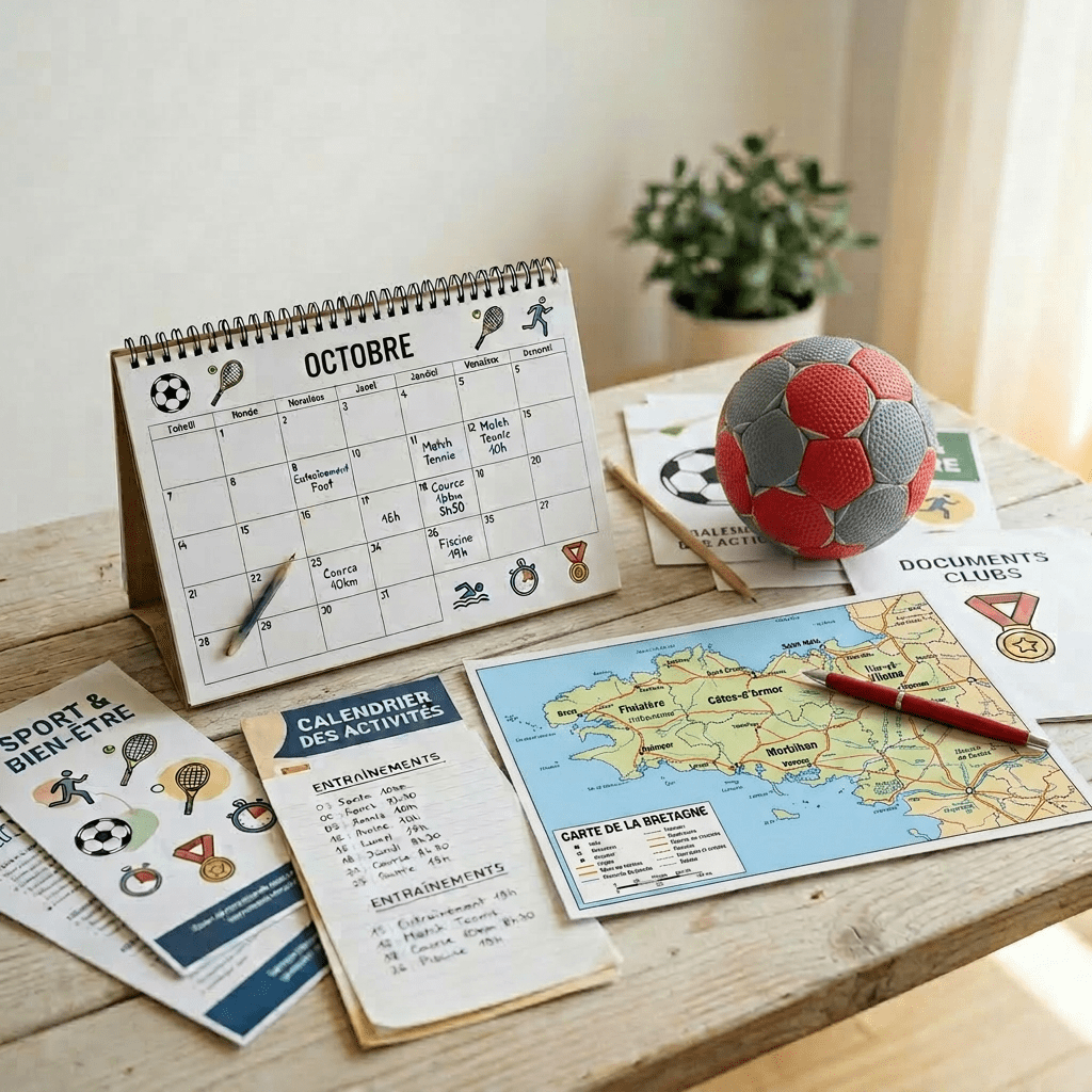 October 2024 calendar with sports events and related activity flyers on a wooden desk
