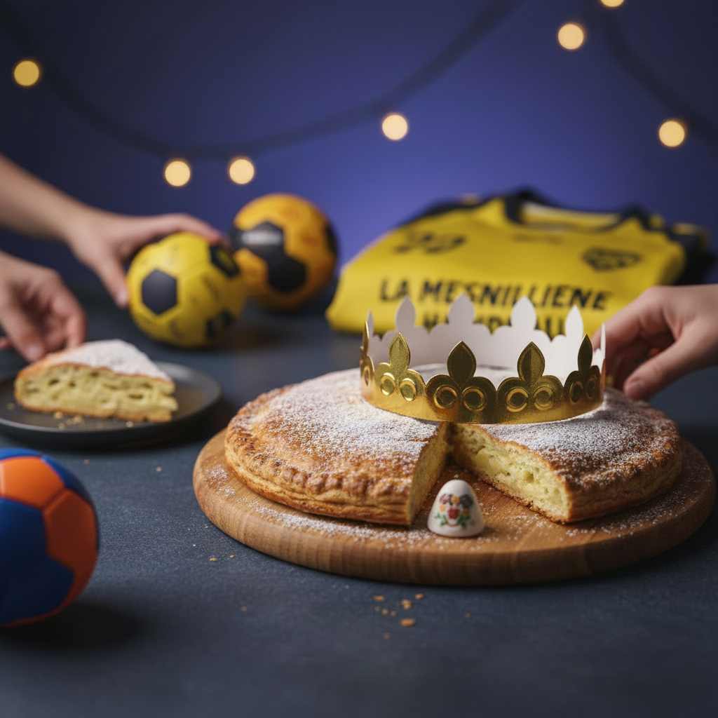 Modifier l’image existante pour intégrer clairement des maillots de handball et des ballons de handball aux couleurs jaune et noir, dans un style ludique, dynamique et cohérent avec la charte visuelle de La Mesnilienne Handball. Conserver le sujet et la composition générale de l’image.