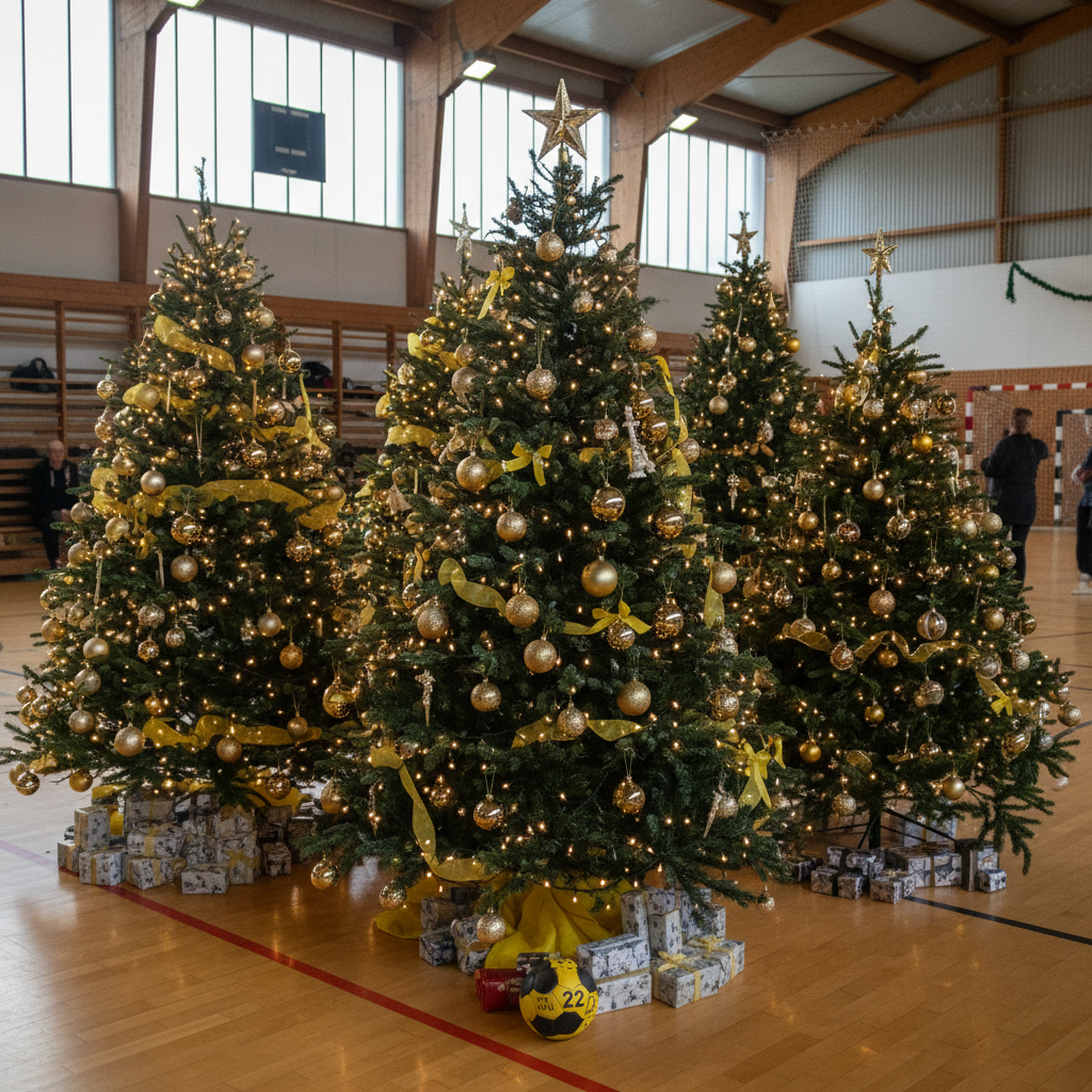 Photo réaliste et chaleureuse d’un concours du plus beau sapin de Noël dans une salle de club sportif en Bretagne : plusieurs beaux sapins décorés, ambiance conviviale, détails subtils jaune et noir rappelant La Mesnilienne Handball avec quelques décorations et un ballon de handball jaune et noir, lumière naturelle, rendu photographique authentique, composition carrée, sans texte, sans logo, sans illustration